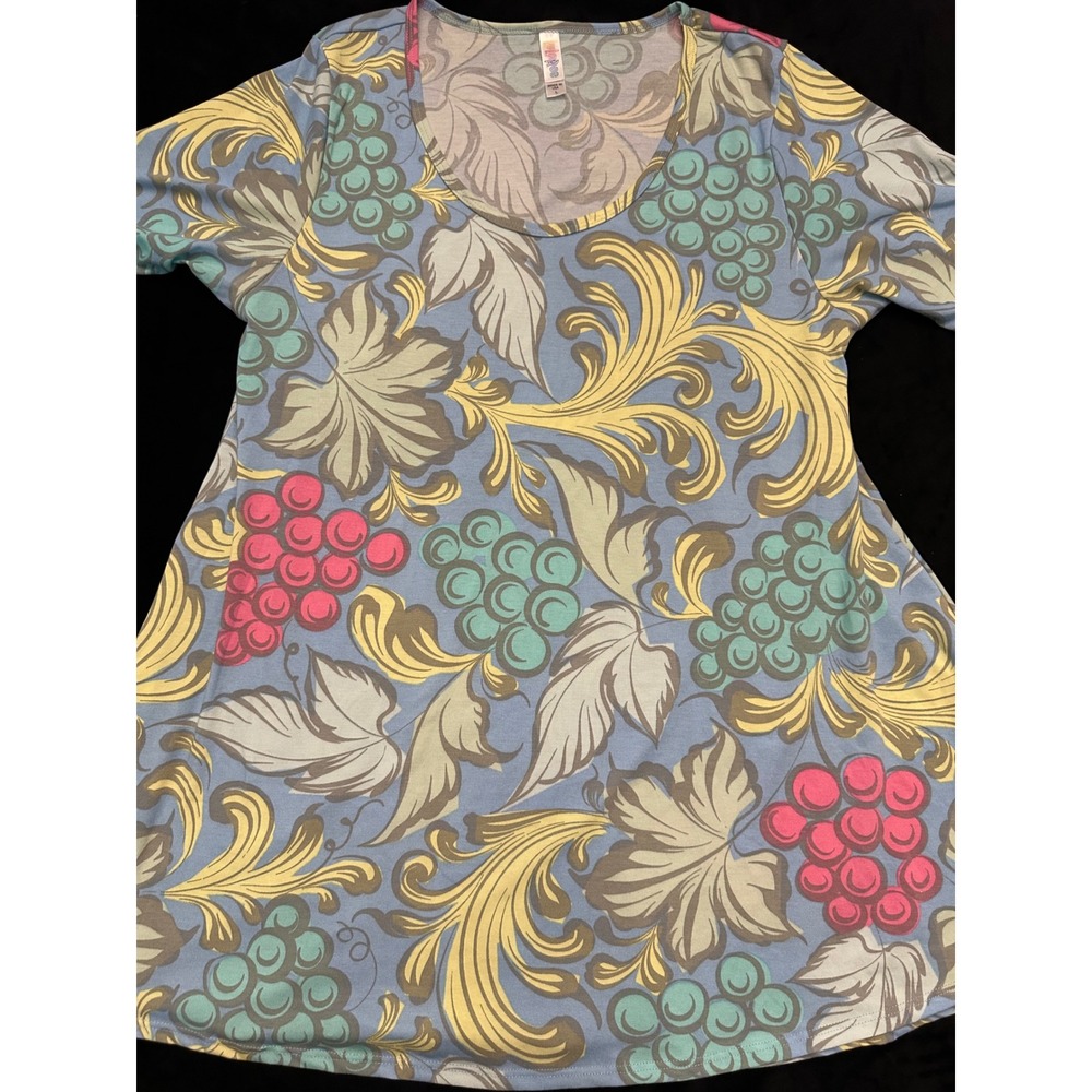 LuLaRoe Irma Tunic Top Womens Large Blue Grape Leaf Print Short Sleeve Scoop